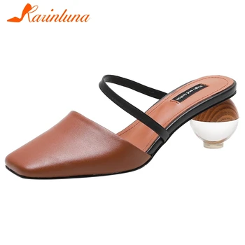 

Karinluna 2020 New Fashion Genuine Leather Strange Style Summer Shoes Woman Pumps Mules Slip On Concise Pumps Women Shoes