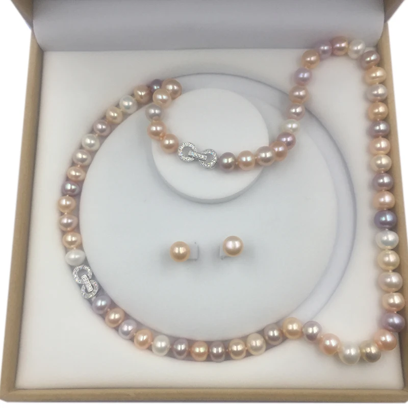 Sinya 9,5-10,5 мм почти круглый пресноводный жемчуг пряди набор с necklace ем браслет и серьги для мам женщин дамы могут DIY носить