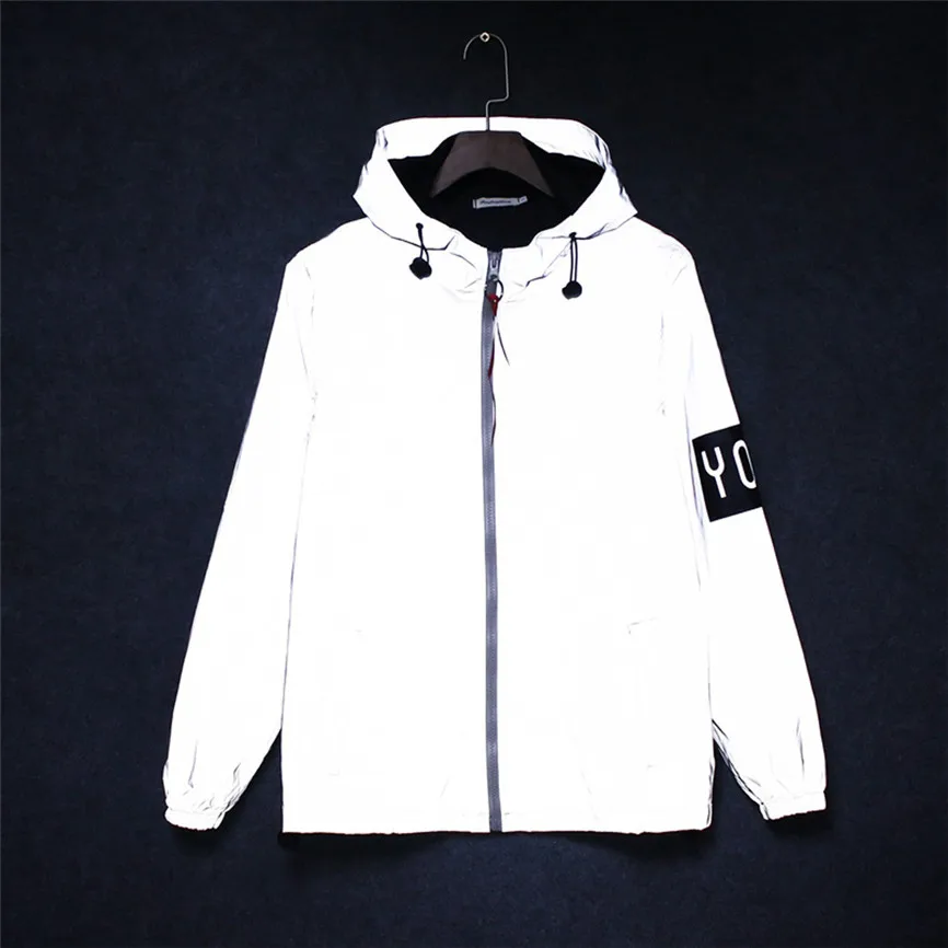 Новая Светоотражающая куртка для мужчин/женщин Harajuku ветровка куртки с капюшоном хип-хоп Уличная Ночная блестящая куртка на молнии