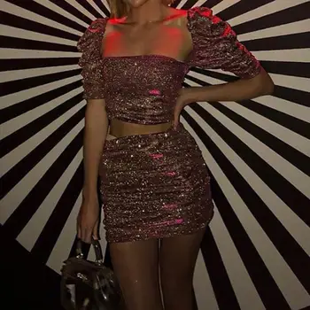 

Articat Sparkly Two Pieces Set Women Slash Neck Short Puff Sleeve Crop Top Mini Skirt Suit Female Sexy Club Party Wear Clothes