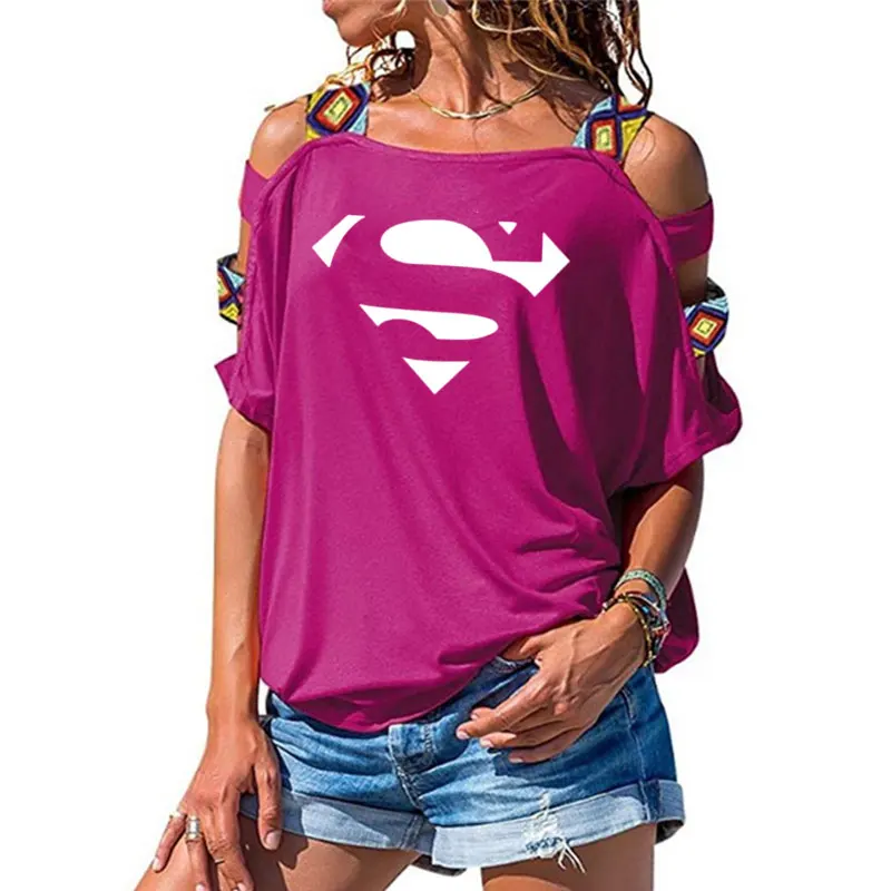 Новая летняя футболка с героями мультфильма «Супермен», женские модные топы, горячая Распродажа, сексуальная открытая футболка с коротким рукавом и открытыми плечами