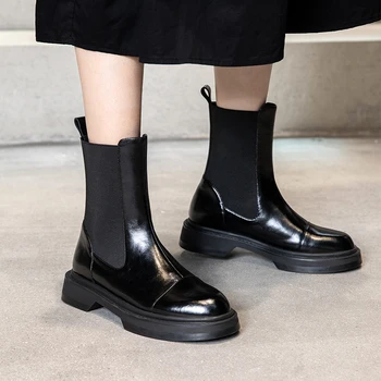 

EshtonShero Winter Shoes Woman Leather Slip On Ankle Boots Low Heel Round Toe Elastic Band All Match Retro Ladies Boot Size 3-9