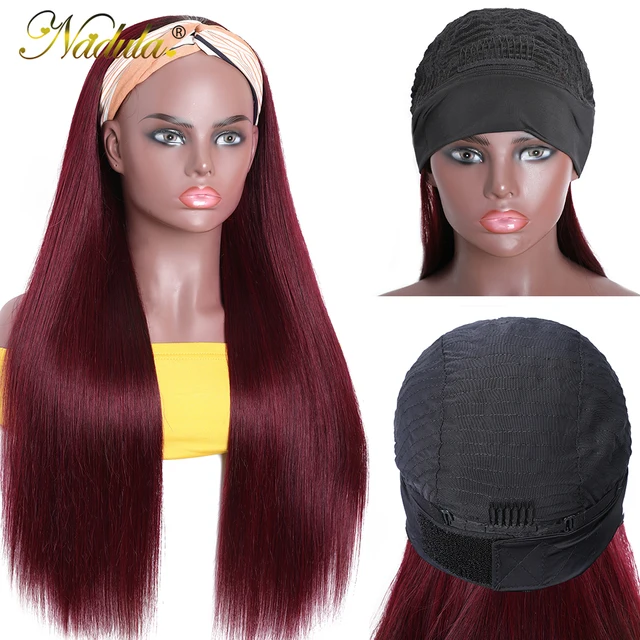 Nadula Hair Headband Wig Ombre 99J Color With Black Roots Straight Human Hair Headband Wigs 150% Density Headband wig Human Hair 3