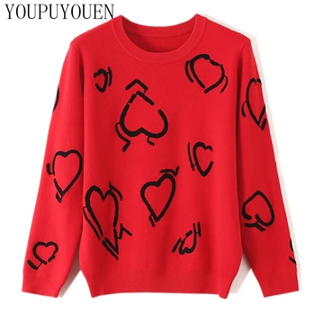 

Sweater Tops Women's Heart Print Pullover Long Sleeve Knitted Sweaters Woman Fashion Red Jumper New 2019 Autumn Winter Knitwear
