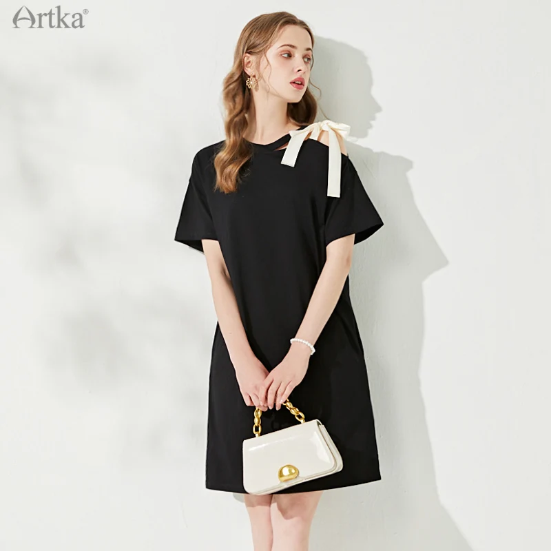 

ARTKA 2021 Summer New Women Dress 100% Cotton Fashion Strapless Lace Up T-shirt Dress O-Neck Short Sleeve Midi Dresses ZA22019X