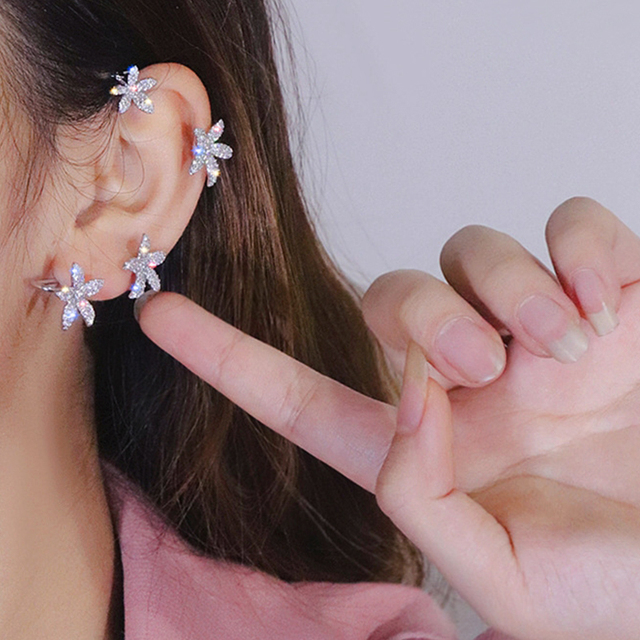 Sparkling Zircon Butterfly Leaf Gold Plated Metal Ear Cuff Women Fashion Non Piercing Clip Earrings Girl Party Jewelry