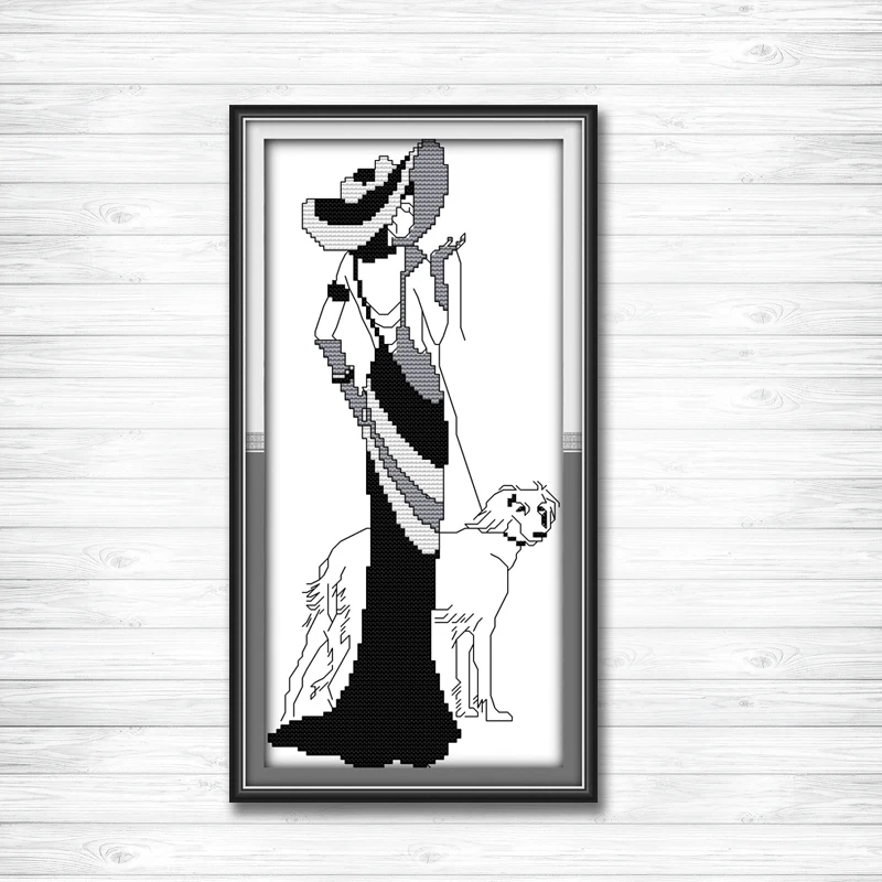 

Fashion woman lady & dog Painting Drawing counted print on fabric 14CT 11CT DMC Cross Stitch kits Needlework Set full Embroidery