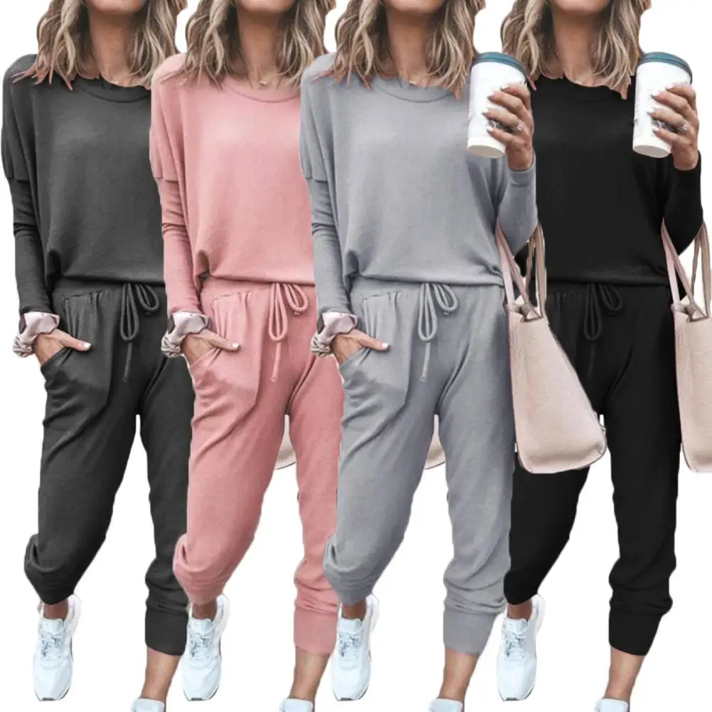 

Women Solid Color Long Sleeve O Neck Blouse Top Drawstring Pants Sport Tracksuit Long tracksuit, makes you love sports even in c