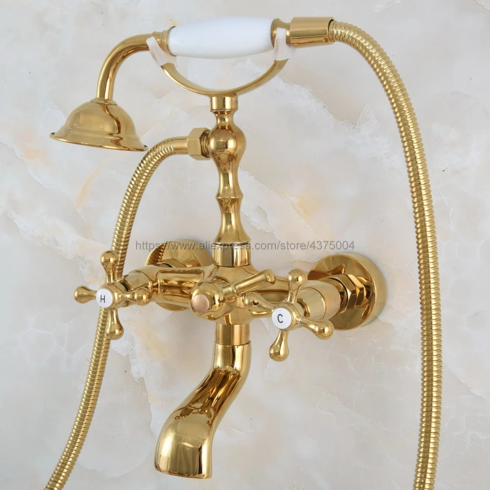 Bathtub Faucet Golden Wall Mounted Rain Shower Faucet Round Handheld 2 Handle Luxury Bathroom Mixer Tap Set Nna848 3