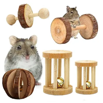 

5Pcs Set Hamster Chew Toys Natural Wooden Gerbils Rats Chinchillas Toys Accessories Dumbbells Exercise Bell Roller Teeth Care