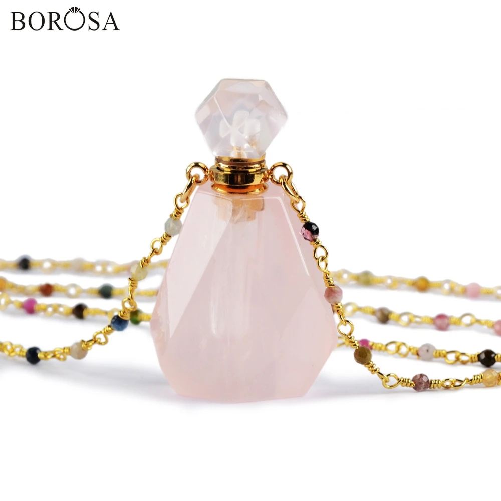 

BOROSA 2Pcs Perfume Bottle Natural Multi-Kind Stone White Quartz Amazonite Amethysts 26inch Bead Chains Necklace Jewelry HD0091