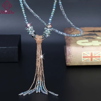 

New Women Graceful Crystal Beads Strand Necklace Fashion Joker Long Tassel Sweater Chain Kpop Big Name Jewelry