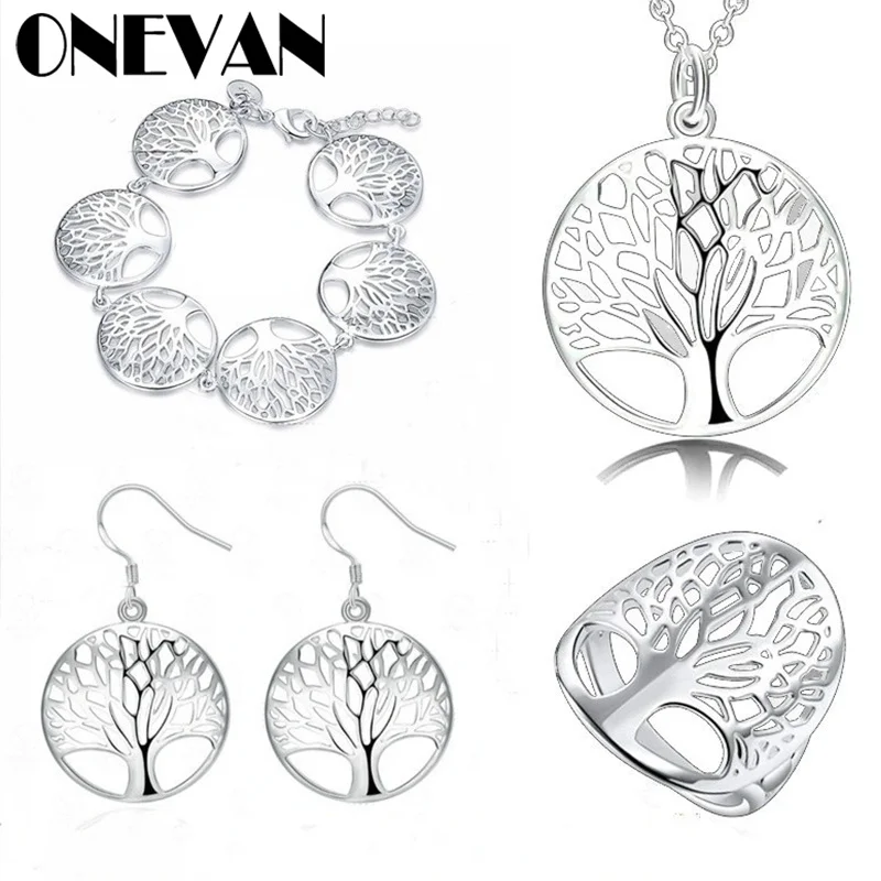 

4PCS/set Tree of Life Lucky Elegant Silver Pendant Necklace/Earrings/Bracelet/Ring Jewelry Set for Women Wedding Engagement Set