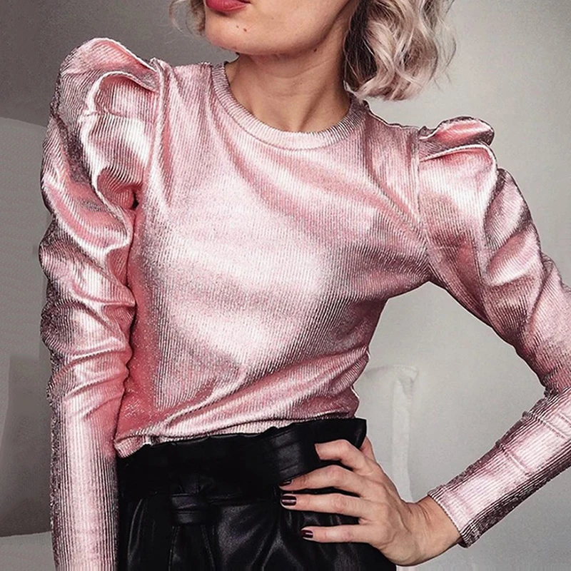 

Autumn Winter Women Long Sleeve T-shirt Loose Round Neck Gold Velvet Puff Sleeves Solid Color Wild Tops Women Ladies MM