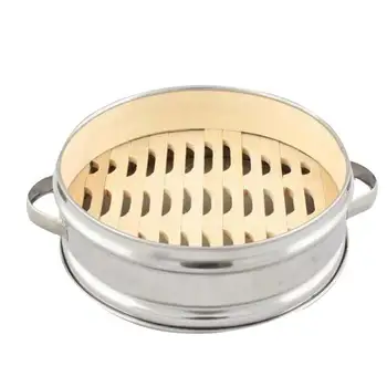 

1pc 30cm Stainless Steel Steamer Basket Bamboo Bottom Steam Rack Portable Steamer Box For Steamed Buns Kitchen Two Handles
