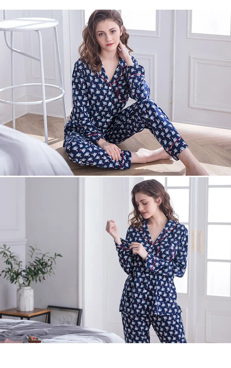 Новые женские пижамы из чистого хлопка с длинными рукавами и штаны, одежда для сна домашний повседневный костюм весенне-осенняя Элегантная пижама с принтом лебедя