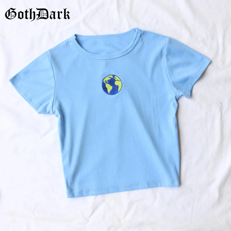 Goth Dark Aesthetic Female T-shirt Summer 2020 Y2k E-girl Earth Graphic Embroidery Harajuku Cute Crop Top Casual Skinny Blue Tee