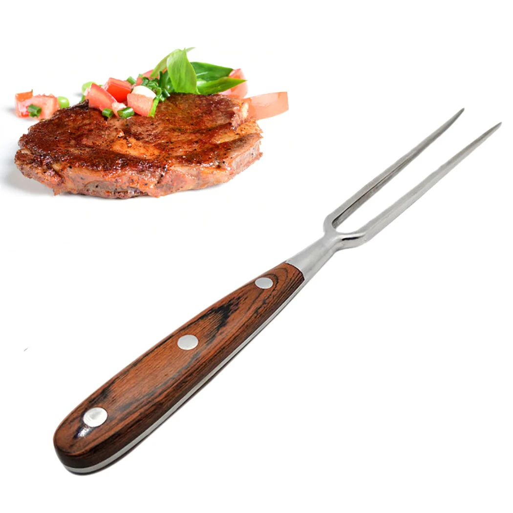 Portable BBQ Fork Cooking Creative Wood Handle Barbecue Fork Carving Meat Barbecue Stainless Steel Grill Tools