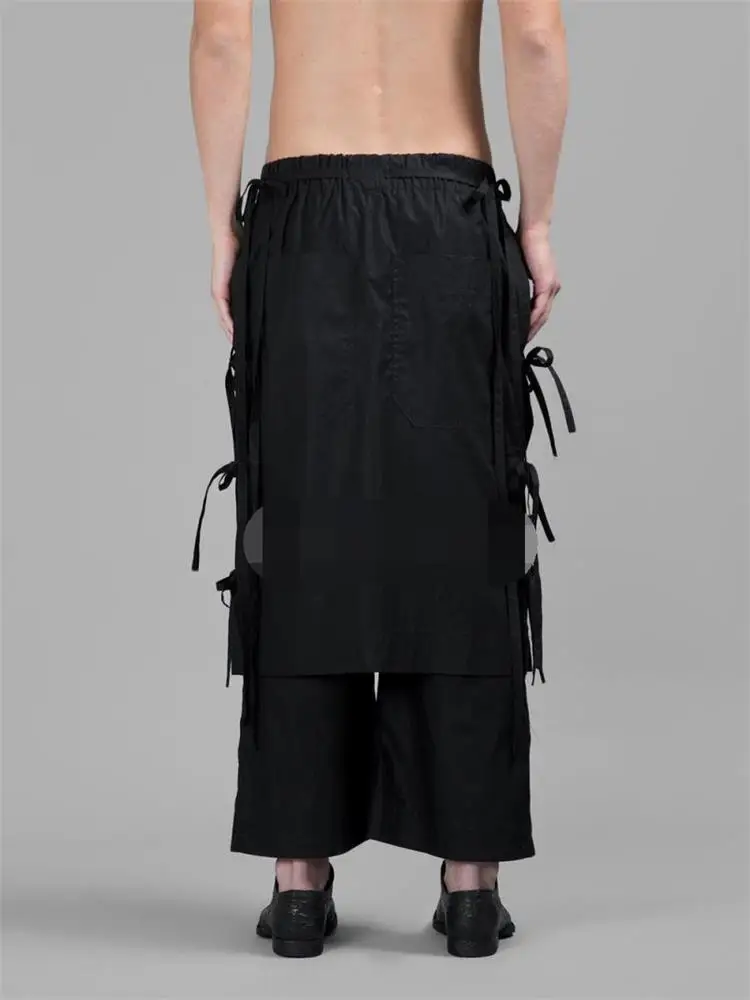Men's Casual Pant Skirt Spring And Autumn New Black Side Bag Buckle Tassel Design Fashion False Two-Layer Pant Skirt