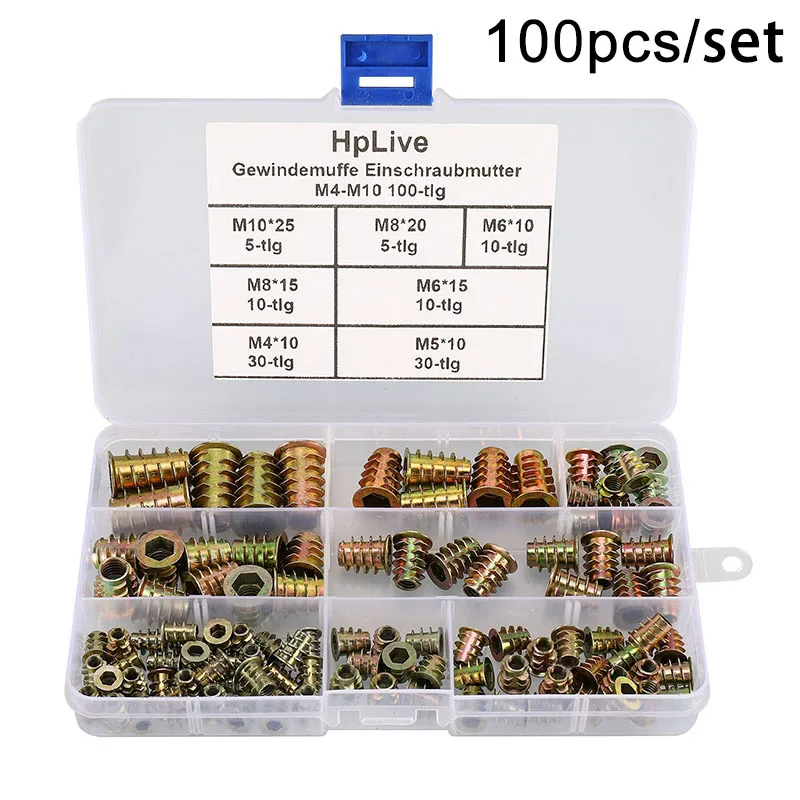 

100pcs Zinc Alloy Screw Nuts Assortment Kit Furniture Inserts M4 M5 M6 M10 M15 M20 M25 Metric Threaded Hardware Accessory