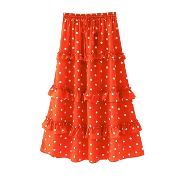 

2020 Summer Women's New French Retro High Waist Tie Slim Laminated Ruffled Polka Dot Long Skirt