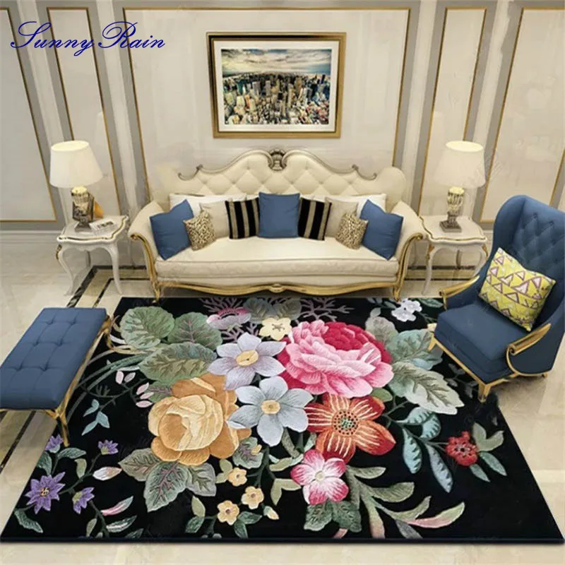 

SunnyRain 1-piece 3D Flowers Black Rug for Living Room Rug and Carpets for Kitchen Area Rug for Bedroom Slip Resistance