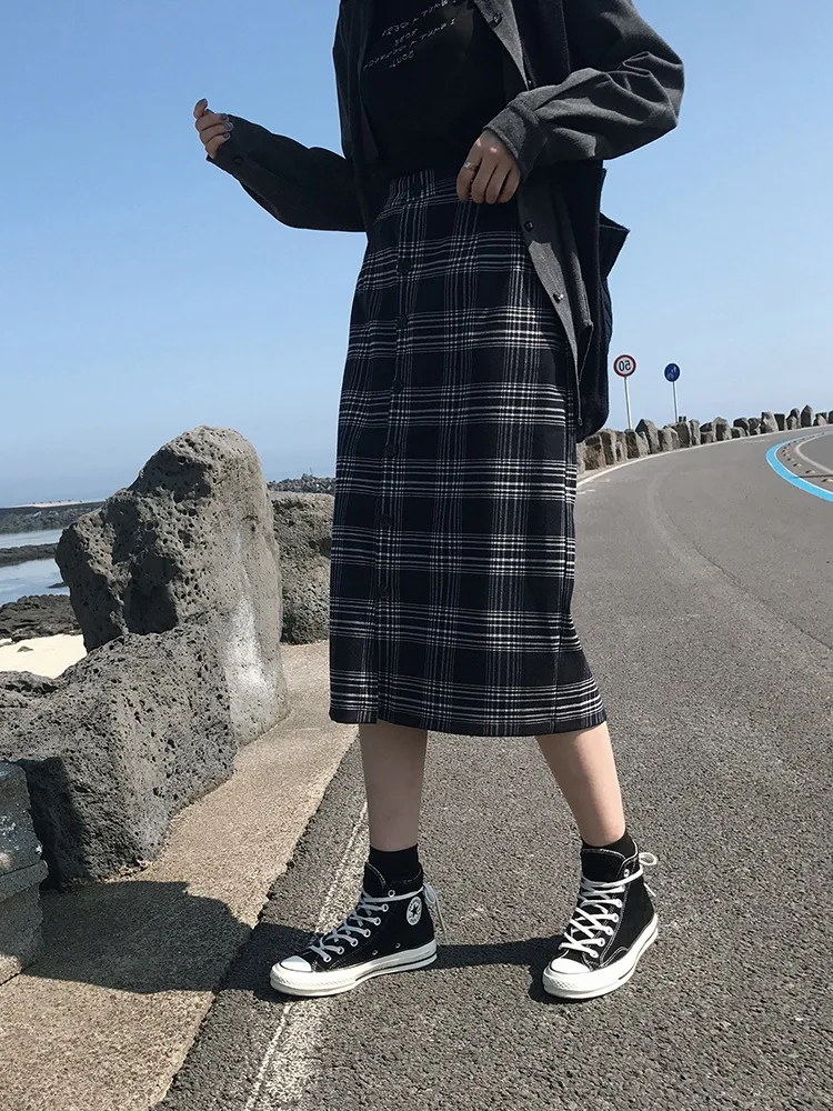 

Retro Plaid Skirt Women's High-waisted 2018 Autumn New Style Mid-length Skirt Slimming One-step Skirt