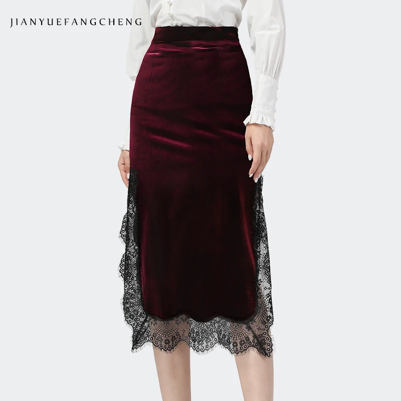 

Autumn Winter New Women' Vintage Velour Pencil Skirt With Lace Edges Side Slit Wine Red Ladylike Mid-Length Wrapped Skirt