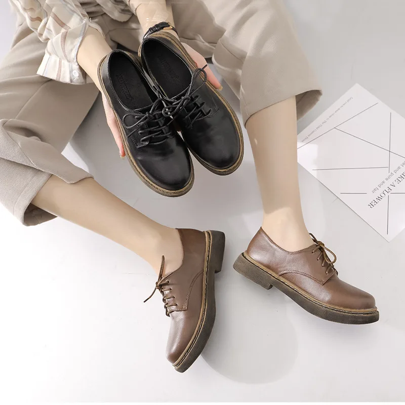 

2020 new autumn and spring leather shoes womenflat low heel 3cm style square heel cow leather casual shoes women J13-14