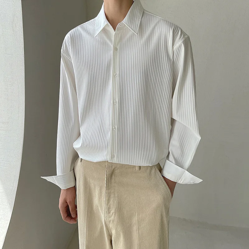 Black White Pleated Shirts Men's Fashion Business Society Mens Dress Shirts Korean Loose Long-sleeved Shirts Men Casual Shirts