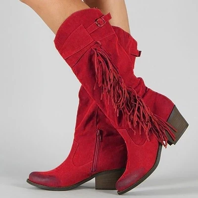 CYSINCOS/Женские ботинки в стиле ретро; классические ковбойские ботинки с бахромой; осенние женские ботинки на высоком каблуке; пикантные женские черные туфли-лодочки на платформе; - Цвет: red