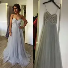 Vestidos largos de graduación con cuentas de cristal, sin mangas, tirantes finos, vestido de noche de tul plateado, trendyol