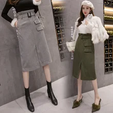 Ткань в полоску длинные юбки в юбка-карандаш из повседневные спортивные штаны с высокой талией вилкой осень и зима шерстяные бутоны Обтягивающая одежда один темп юбка