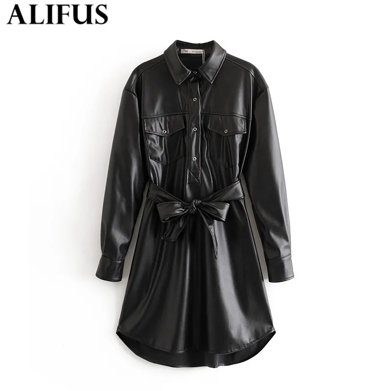 

Fashion Za Women's dress 2019 Stylish PU Leather Bow Tie Sashes Turn Down Collar Long Sleeve Mini Dresses Female Ladies Vestidos