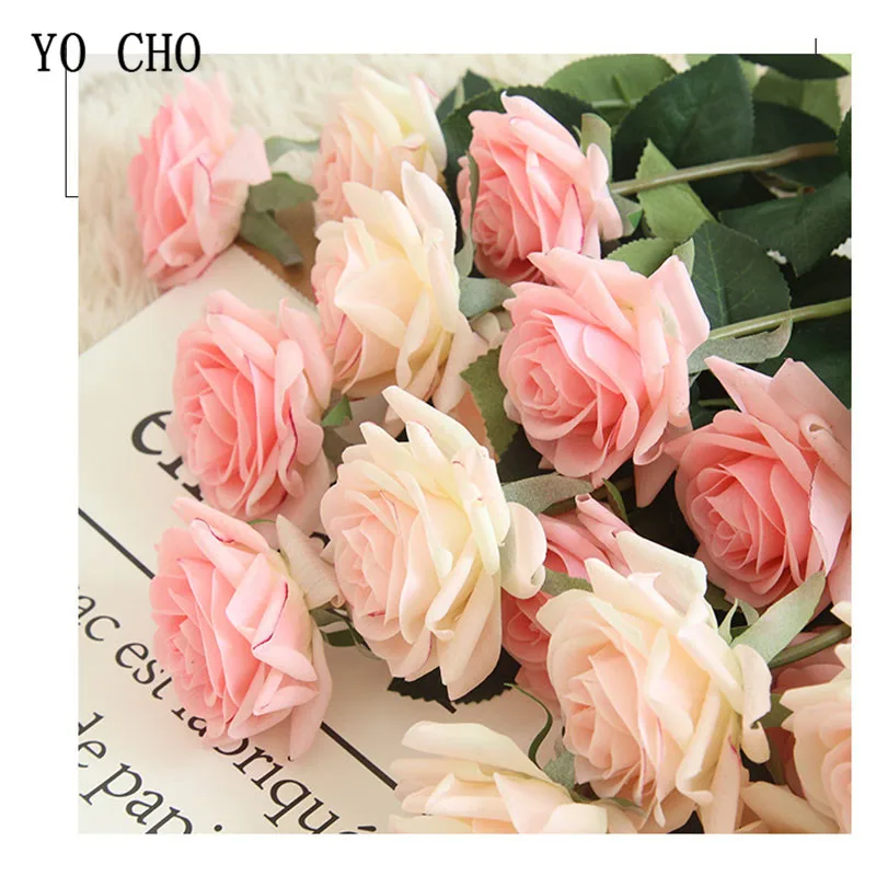 YO CHO Artificial Rose Pink Wedding Flower Branches 42cm Artificial Flower Silk Rose Flower Home Decoration Fake Flowers Wedding