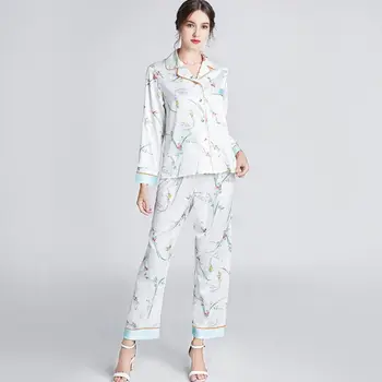 

Women Floral Pajamas Set Faux Silk Print Long Sleeve Button Down Tops +Trousers Sleepwear Set Summer Thin Casual Nightgown