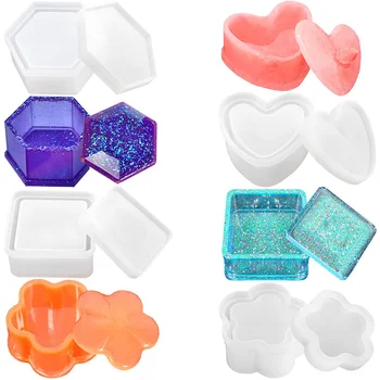 

NEW-Box Resin Molds, Silicone Resin Molds 4 PCS Box Molds with Square Hexagon Heart Shape Flower Epoxy Molds