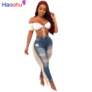 

Plus Size Hole Jeans Festival Clothes High Waist Pants Casual Tassel Skinny Trousers Woman Pants Streetwear Ladies Jeans