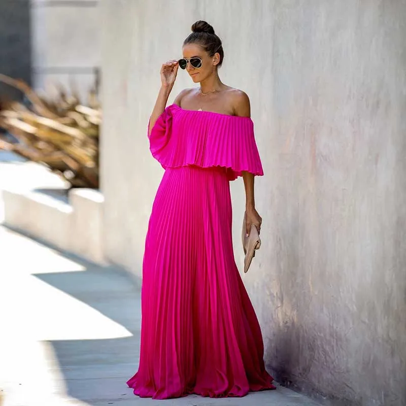 Шифоновое платье с открытыми плечами женское летнее платье Плиссированное длинное платье повседневное однотонное элегантное праздничное свободное пляжное платье - Цвет: rose Red