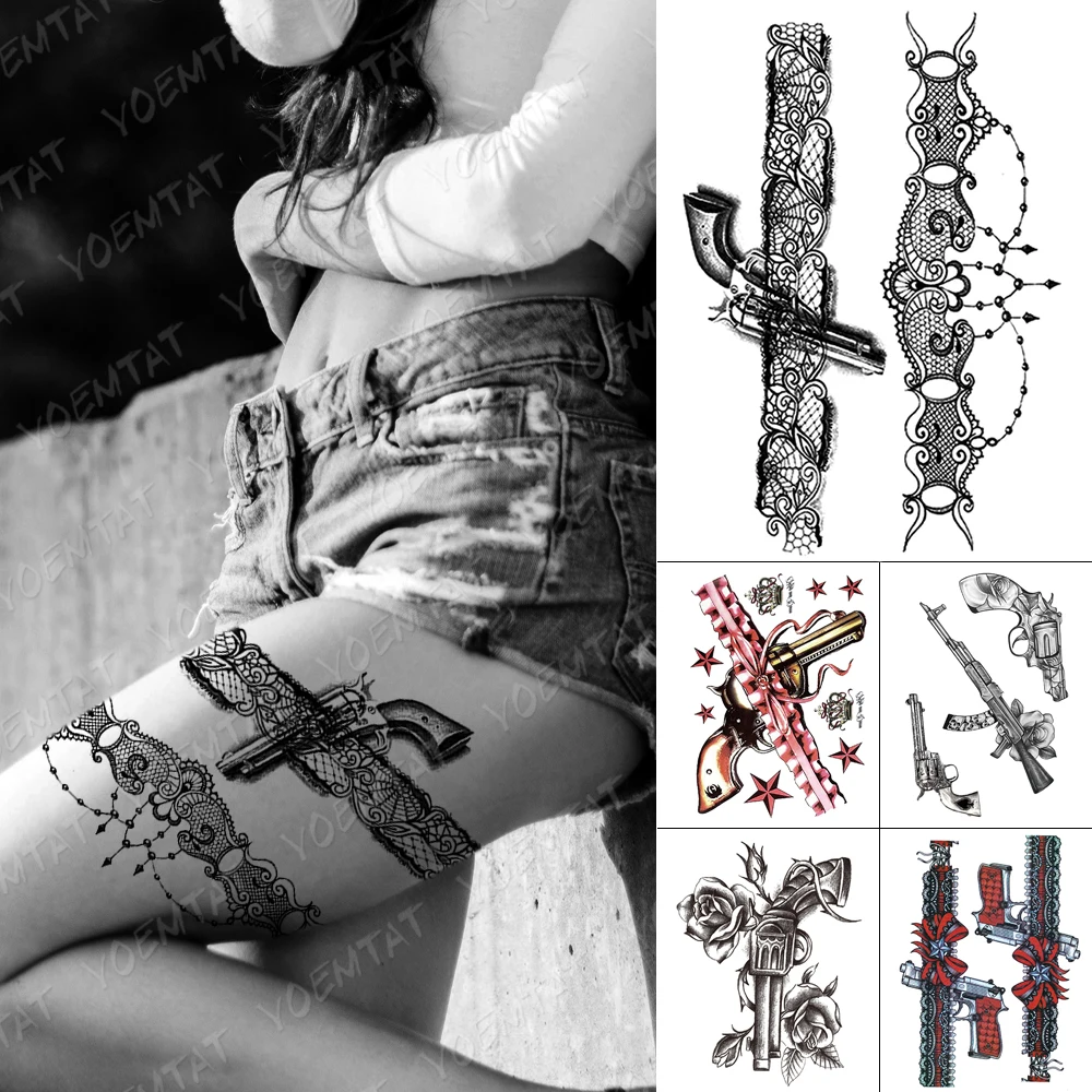 

Waterproof Temporary Tattoo Stickers Black Lace Flower Spider Web Gun Chain Cool Flash Tattoos Woman Arm Body Art Fake Tatoo Men