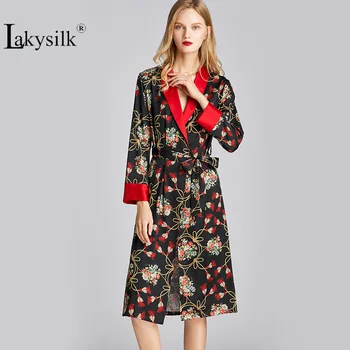 

Women's Mid-length Night Robes Spring and Summer Silk Long-sleeve Nightgown V-neck Black and Red Hit Color Loose Comfort Robes