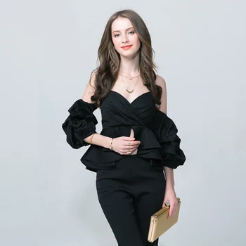 

2020 New sexy Strapless backless V-neck fashion versatile shirt high waist short bubble sleeve top French romance female Blouse