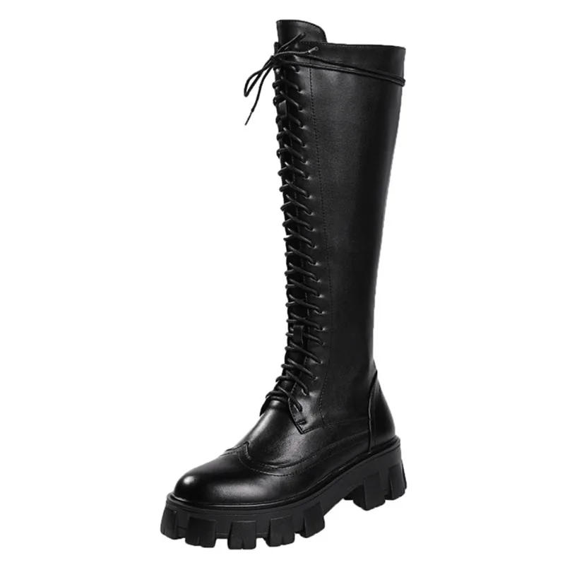 black not fur MORAZORA; Новинка года; сапоги из натуральной кожи; сапоги до колена на платформе со шнуровкой; коричневые рыцарские сапоги в стиле ретро; сезон осень-зима - Цвет: black not fur
