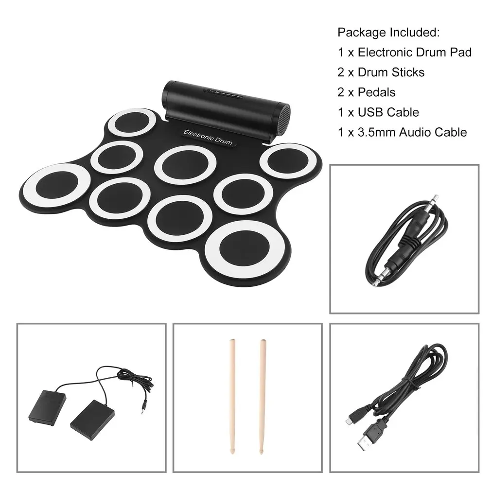 

Electronic Roll Up Drum Kit Portable Stereo Digital 9 Silicon Drum Pads Built-in Double 3W Speakers USB Powered Convenient
