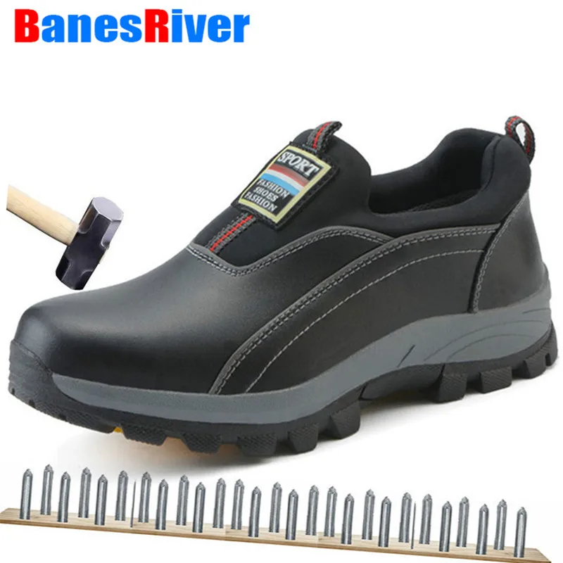 

Outdoor Sport Men's Steel Toe Safety Shoes Cow Leather Material Upper Puncture-proof Soles Slip-On Work Shoes Plus Size 35-44