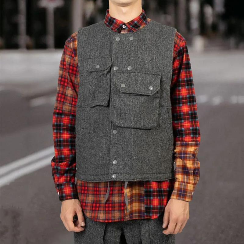 

Мужской костюм, жилет, темно-серый зимний жилет, двубортный Ретро жилет для инструментов, круглая бриллиантовая жилетка для мужчин, 2021