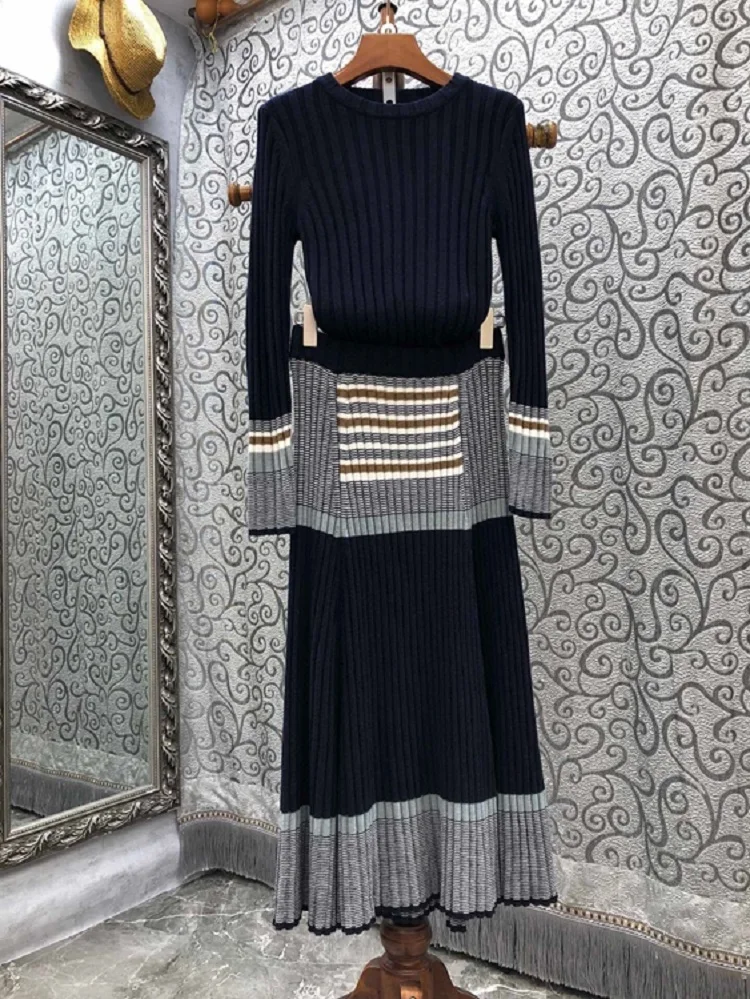 

Women's Set 2021 Autumn Winter Casual Clothing Sets Ladies Chest Pocket Deco Long Sleeve Sweaters+Button Deco Long Skirts Suit