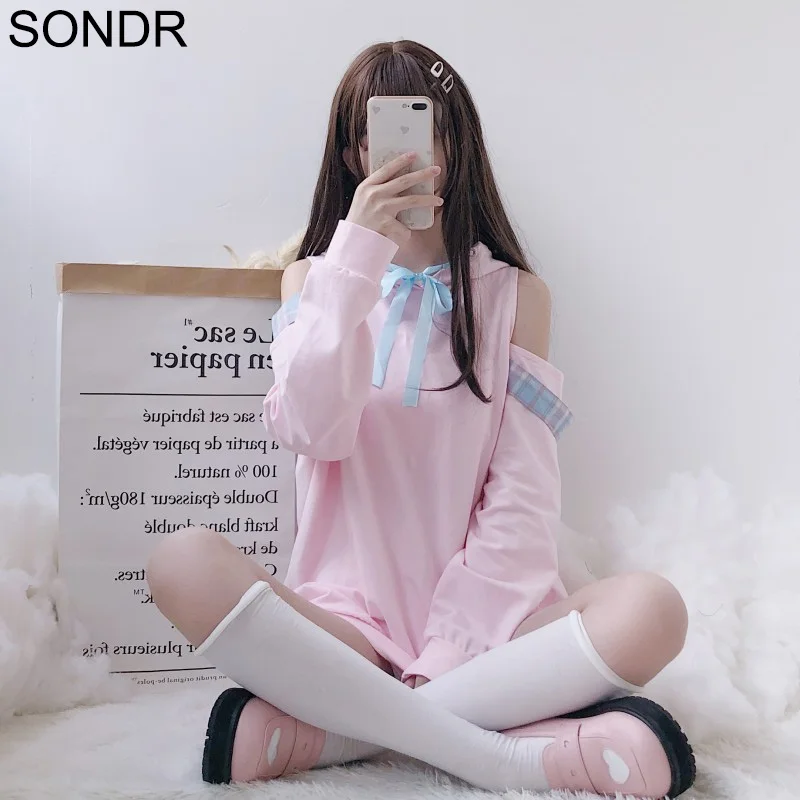 

Soft Girl Japanese Cute Lazy Style Kawaii Dress 2020 Autumn New Women'S Hooded Dress Loose Pink Off The Shoulder Mini Dresses