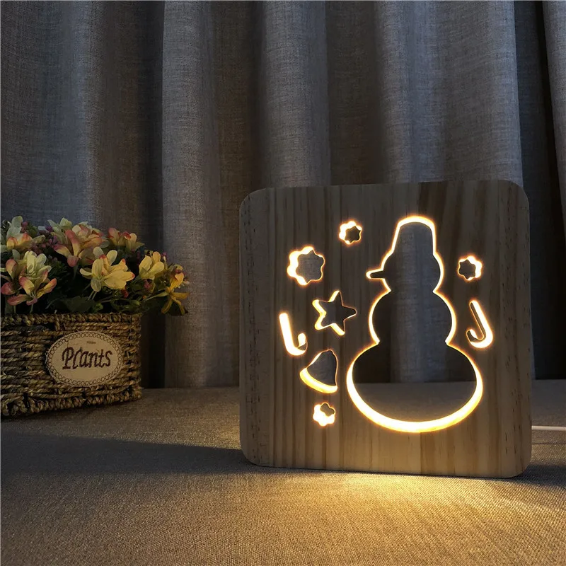 

FS-T1902 Cross Border Christmas Snowman Small Night Lamp Solid Wood Carving Wooden Table Lamp Romantic Gift