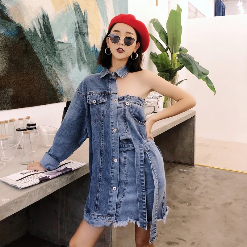 Джинсовая рубашка LANMREM с длинными рукавами имитацией двух бумажных разрезов